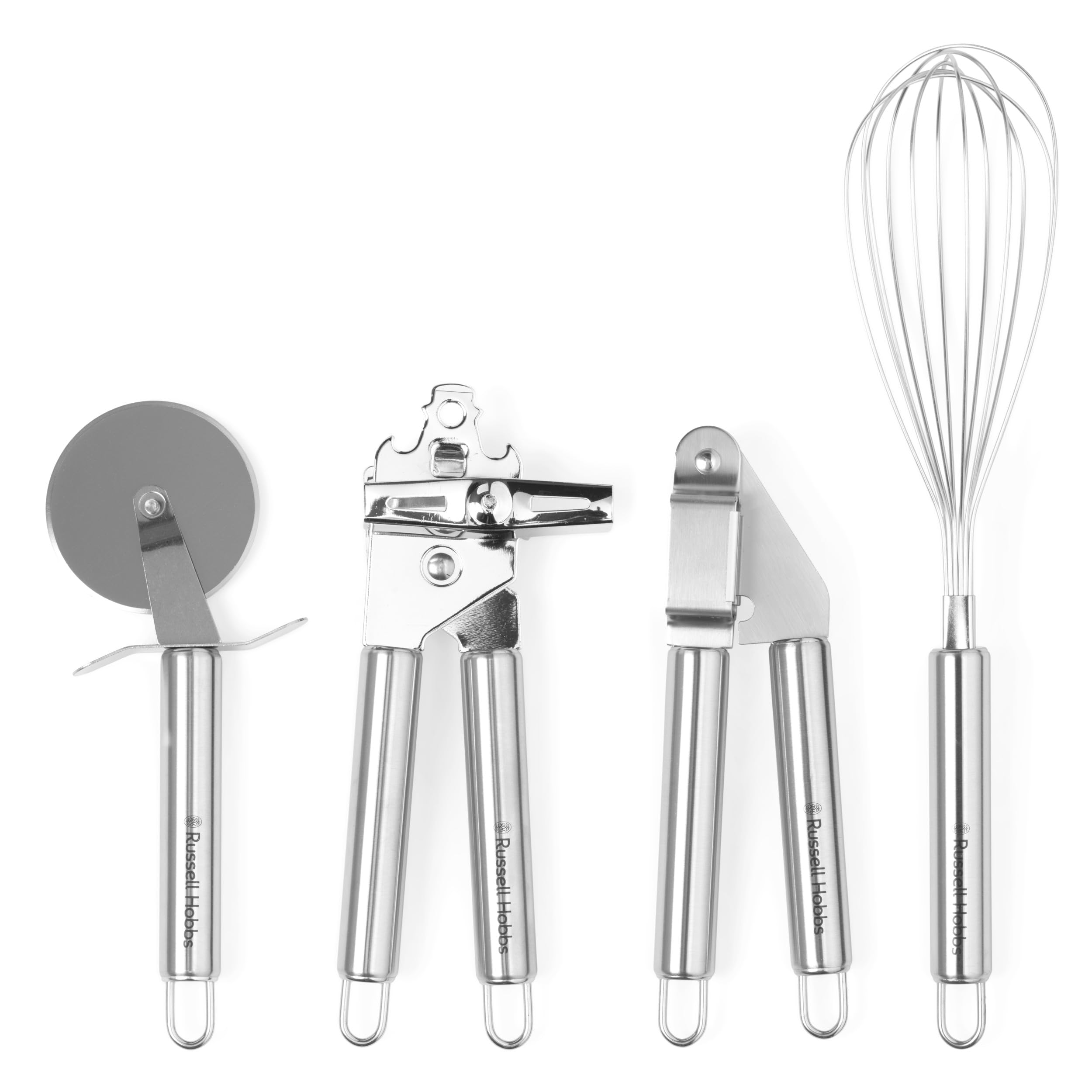 Russell Hobbs RH00124EU Kitchen Tool Set – 4 Piece Stainless Steel Essential Cooking Gadgets & Utensils, Pizza Cutter Wheel, Whisk, Can Opener, Garlic Press/Crusher, Easy Clean, Hanging Hooks, Durable