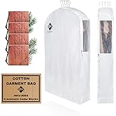 Premium 40” Short Cotton Garment Bag For Hanging Clothes And Storage | Wide 6” Gusset & 4 Cedar Blocks For Fresh Smell And Moth Protection | Best For Suits, Fur Coats, Leather Jackets, Sweaters.