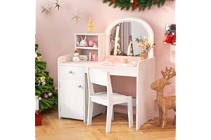 INFANS Kids Vanity, Princess Makeup Desk and Chair Set with Lights Mirror Drawer Storage Shelves, Wooden Dressing Table, Pretend Play Vanity Set for Girls