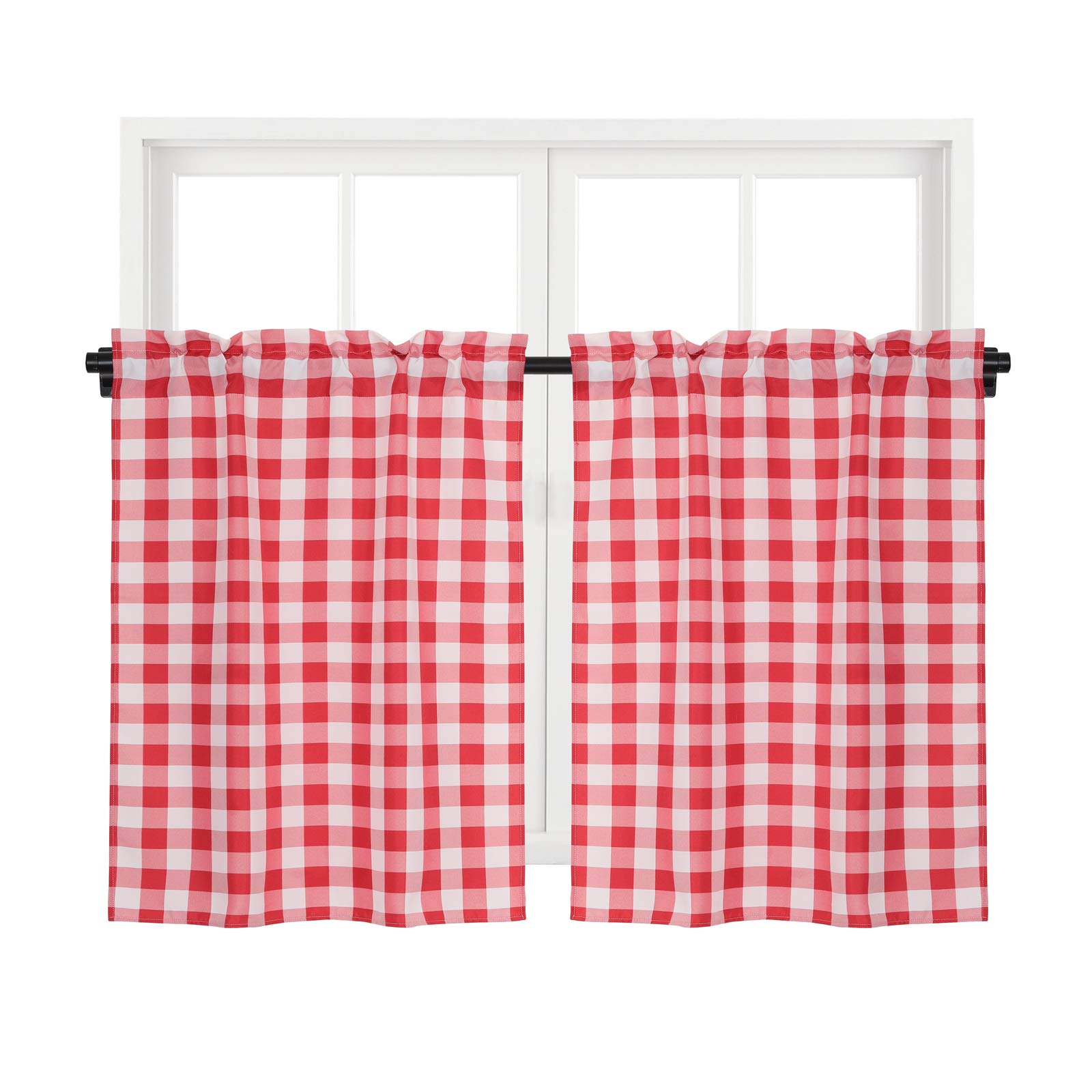 RLoncomix Red Buffalo Plaid Cafe Curtains Light Filtering Buffalo Checkered Tier Half Window Curtains Farmhouse Kitchen Bathroom Short Curtains, 28" x 36", Set of 2