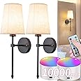 Battery Operated Wall Sconce Set Of Two with Remote Control, Indoor Not Hardwired Dimmable Battery Operated Wall Sconce Light Fixture with Fabric Linen Shade For Bedroom Living Room, Bulb Included ( C