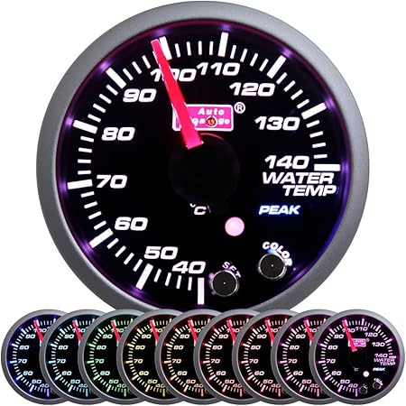 Amazon オートゲージ 水温計 60ｍｍ スモークレンズ 10色バックライト 後付けメーター 追加メーター ワーニング ピーク機能 自動車 カスタム マルチゲージ 車 バイク