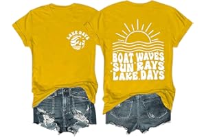 Heevina Boat Waves Sun Rays Lake Days Printed Tshirt for Women Short Sleeve Crewneck Summer Funny T-Shirt Casual Shirts