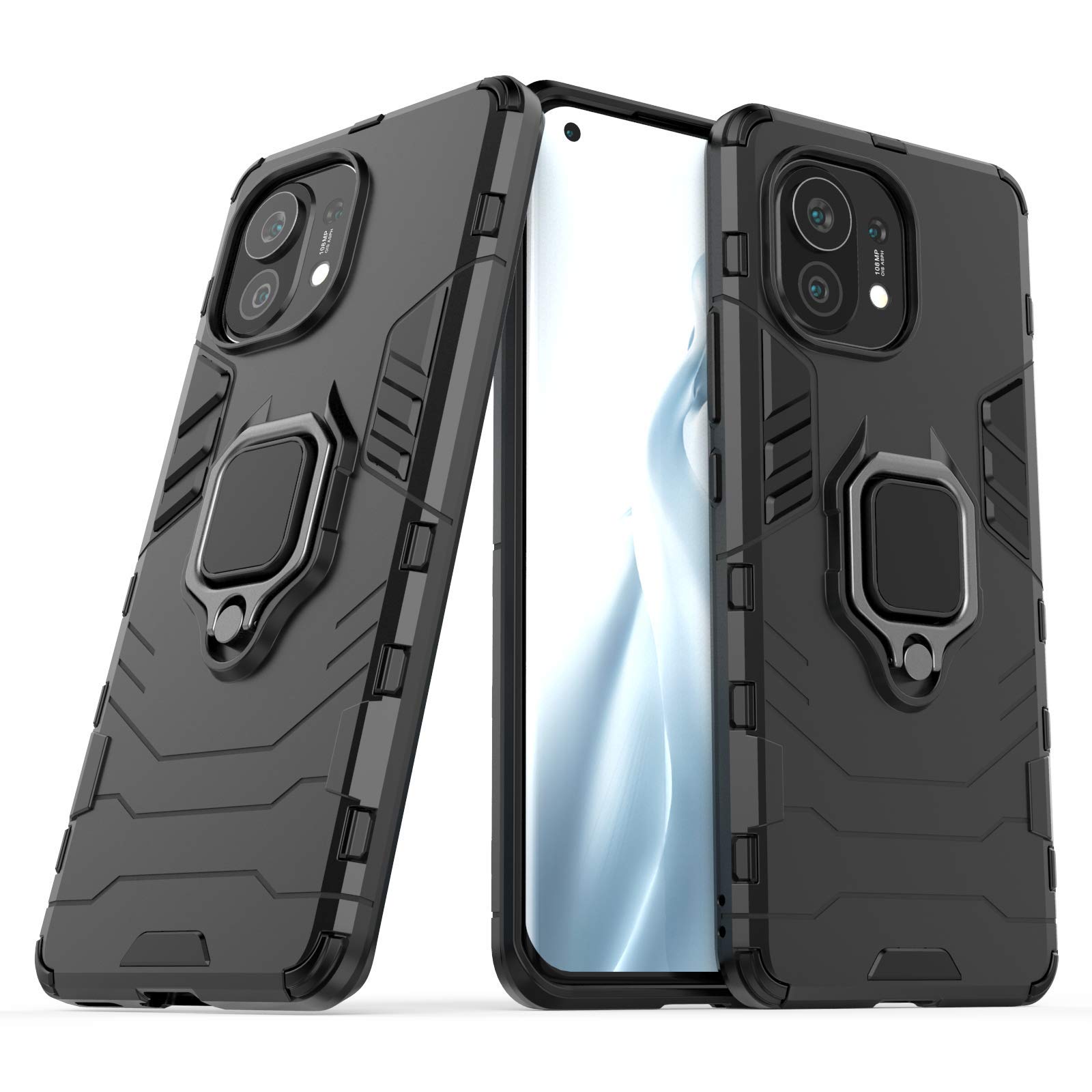 MRSTER Xiaomi Mi 11 Case, Heavy Duty Armor Dual Layer Shock Resistant Hybrid Protective Case Cover with Ring Holder Kickstand for Xiaomi Mi 11 5G. HB Black