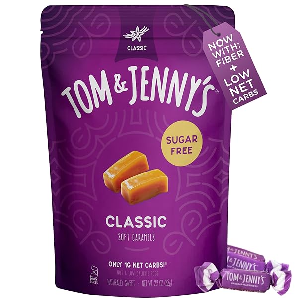 TOM & JENNY’S SUGAR FREE CANDY SOFT CARAMELS INDIVIDUALLY WRAPPED – SEA SALT & VANILLA – LOW NET CARB KETO ZERO SUGAR CANDY WITH ALLULOSE & MALTITOL (CLASSIC CHEWY CARAMELS) 1 PACK