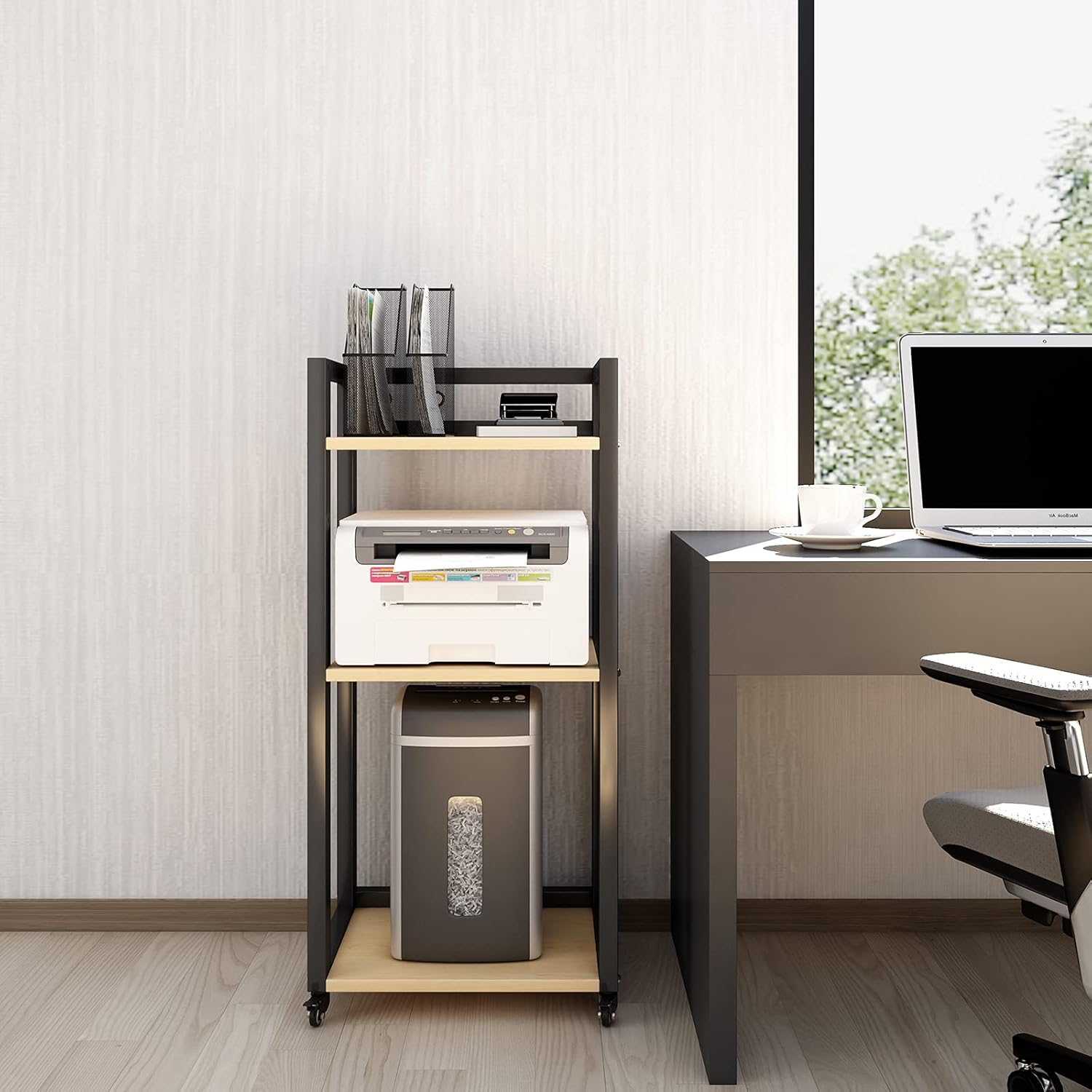Natwind 3-Tier Floor-Standing Printer Stand with Wheels Host Stand Home Office Storage Shelf Document Organizer Table Large Size Multi-Purpose Shelf for Office(Black) : Office Products