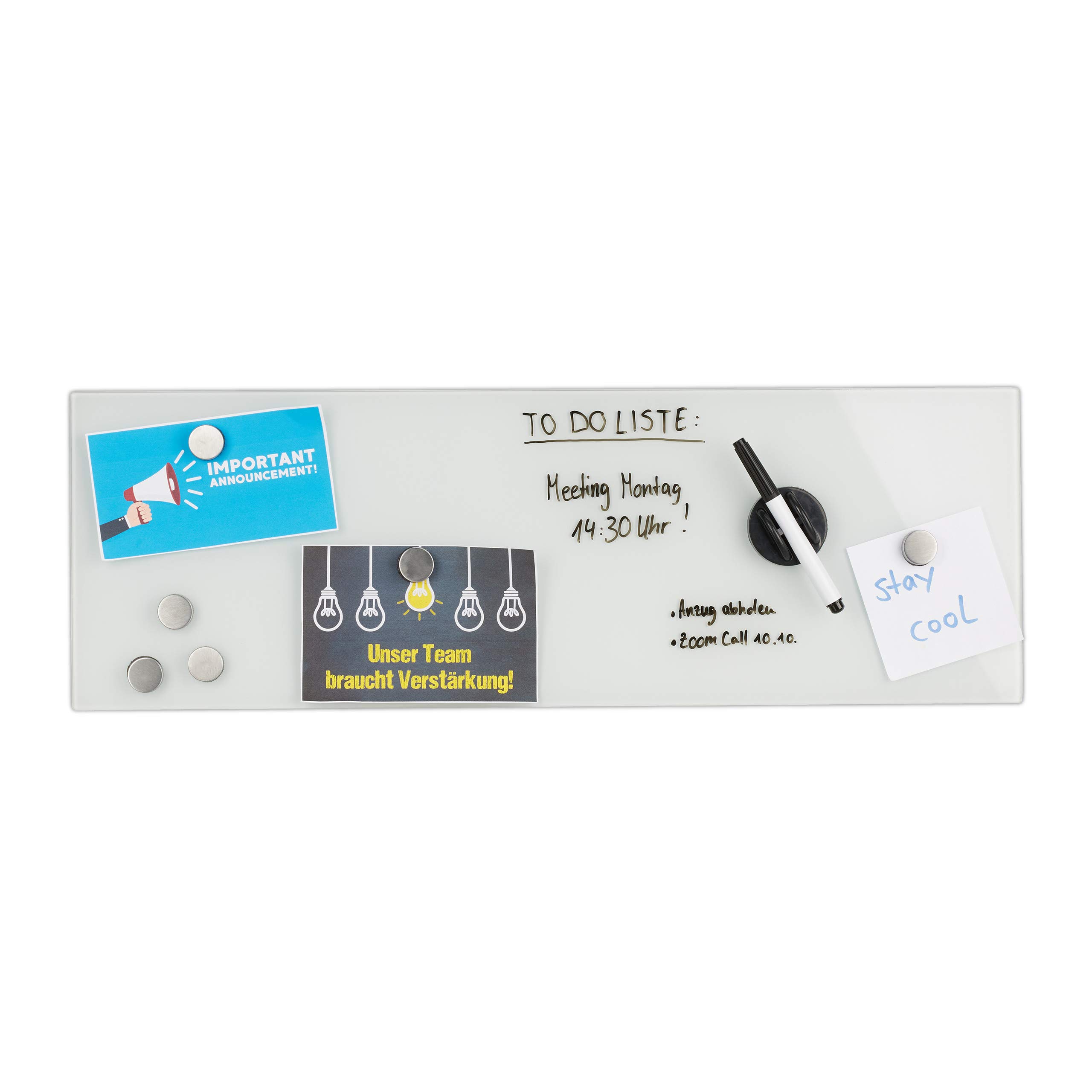 Relaxdays Magnetic Glassboard, Wipeable, for Office & Home, Magnets & Pen, Memoboard, Whiteboard HxW: 20 x 60 cm, White