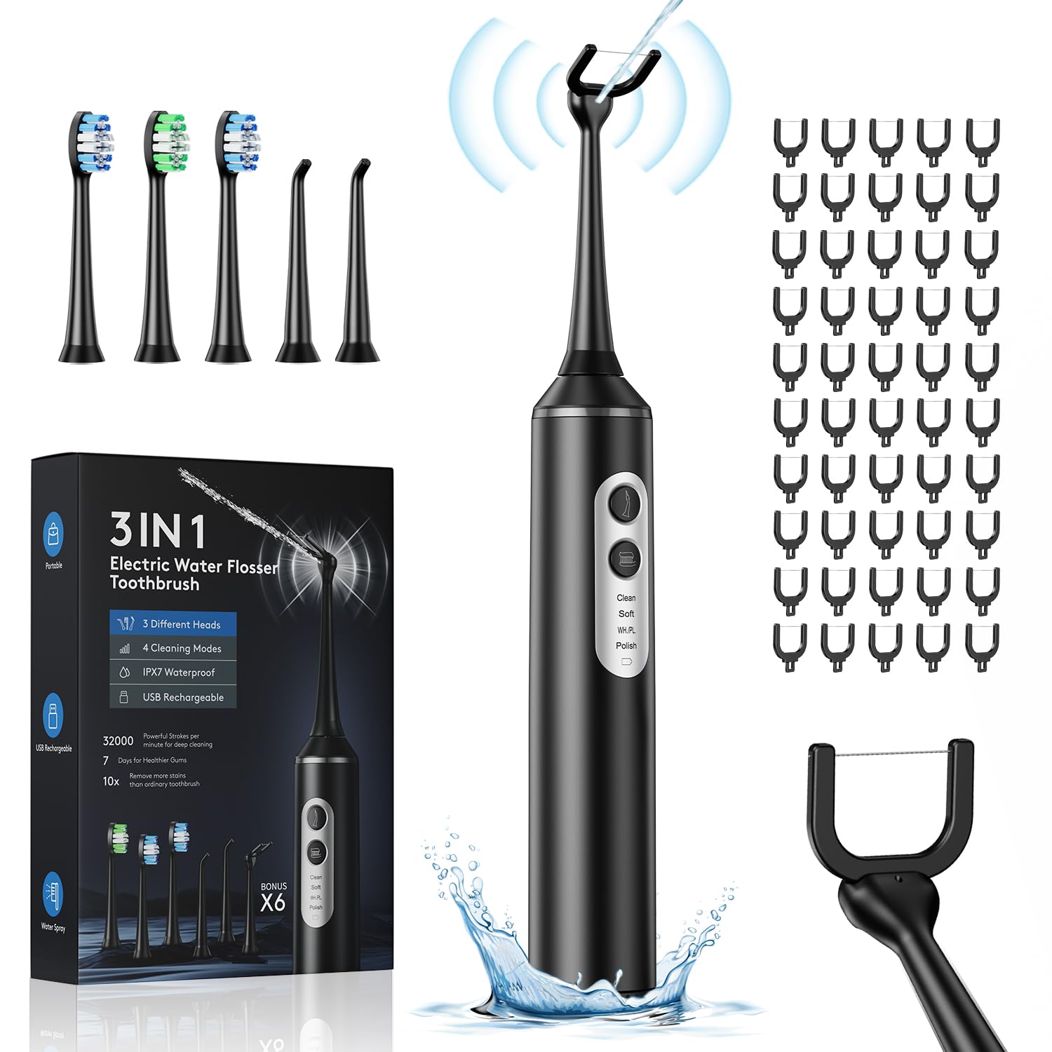 Photo 1 of **INCOMPLETE** Electric Flosser with 4 Modes, 3 in 1 Power Flosser and Electric Toothbrush with Water Flosser Combo with 55 Replacement Heads, Water Floss Alternative, Brushing and Flossing for Home and Travel