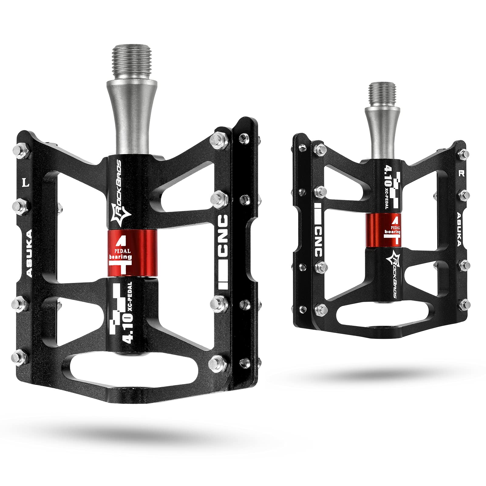 ROCKBROS Mountain Bike Pedals, 9/16 Inch Aluminum Alloy Flat Pedals with 4 Bearings, Wide Platform, Anti-Slip, Waterproof & Dustproof Black