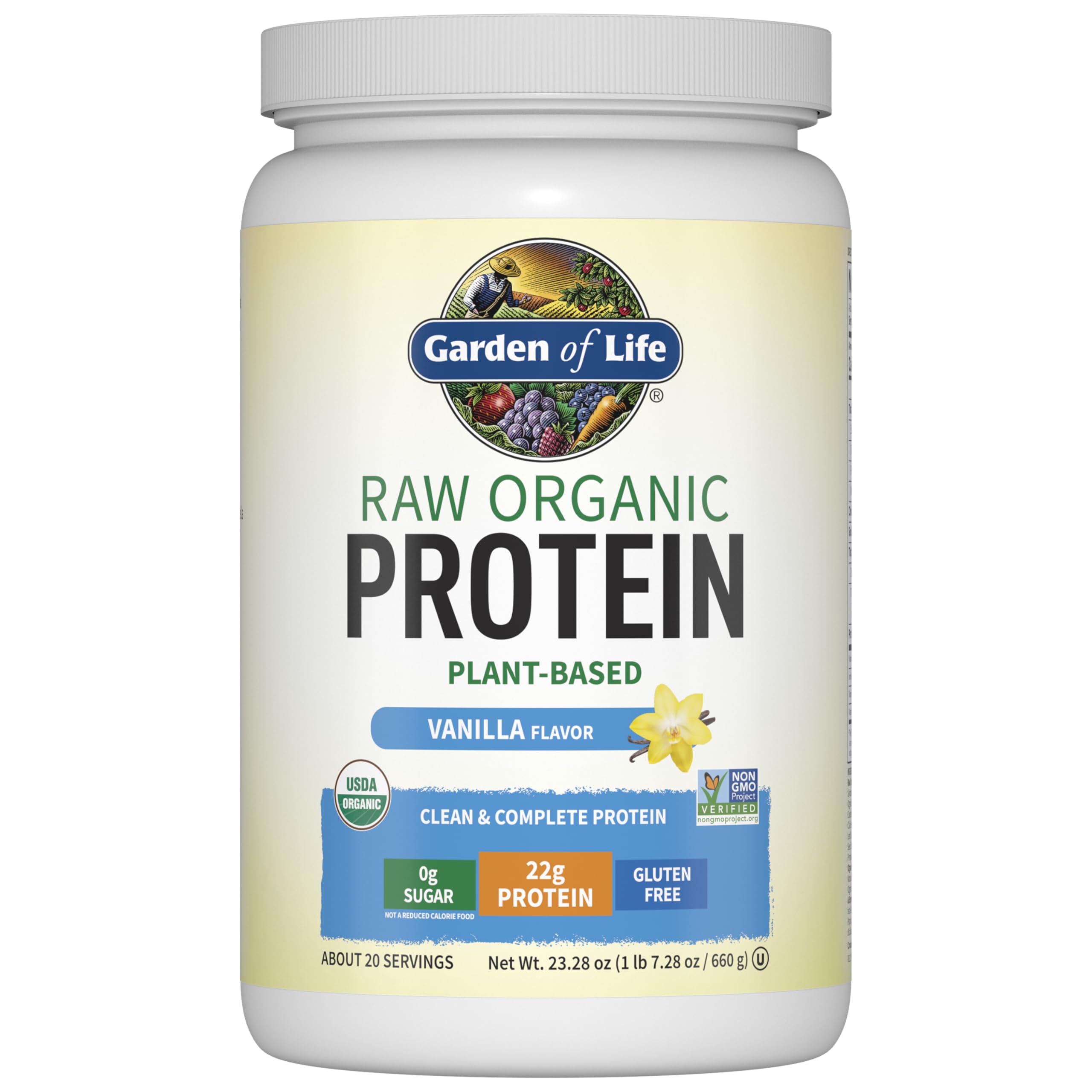 Garden of Life Organic Vegan Protein Powder with Vitamins and Probiotics - Raw Organic Plant Based Protein Shake, Sugar Free, Vanilla 22.0oz (1 lb 6 oz / 624g) Powder