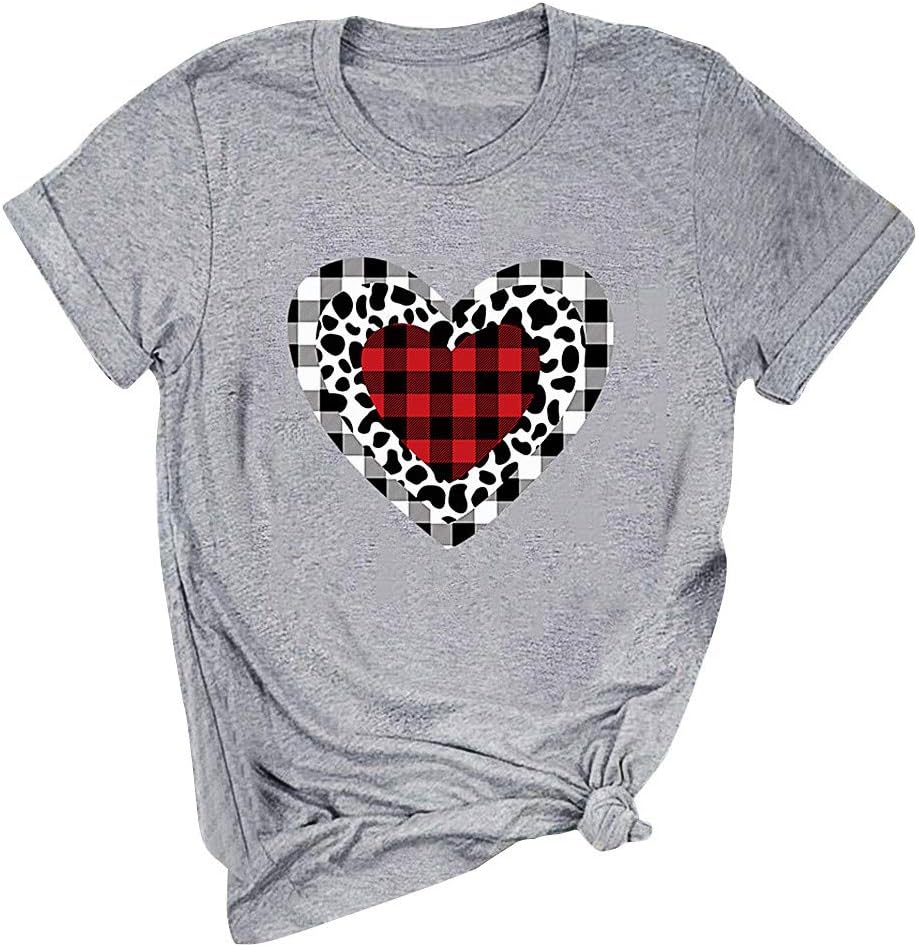 Womens Short Sleeve T-Shirt Round Neck Heart Printing Casual Loose Top Tee Shirt