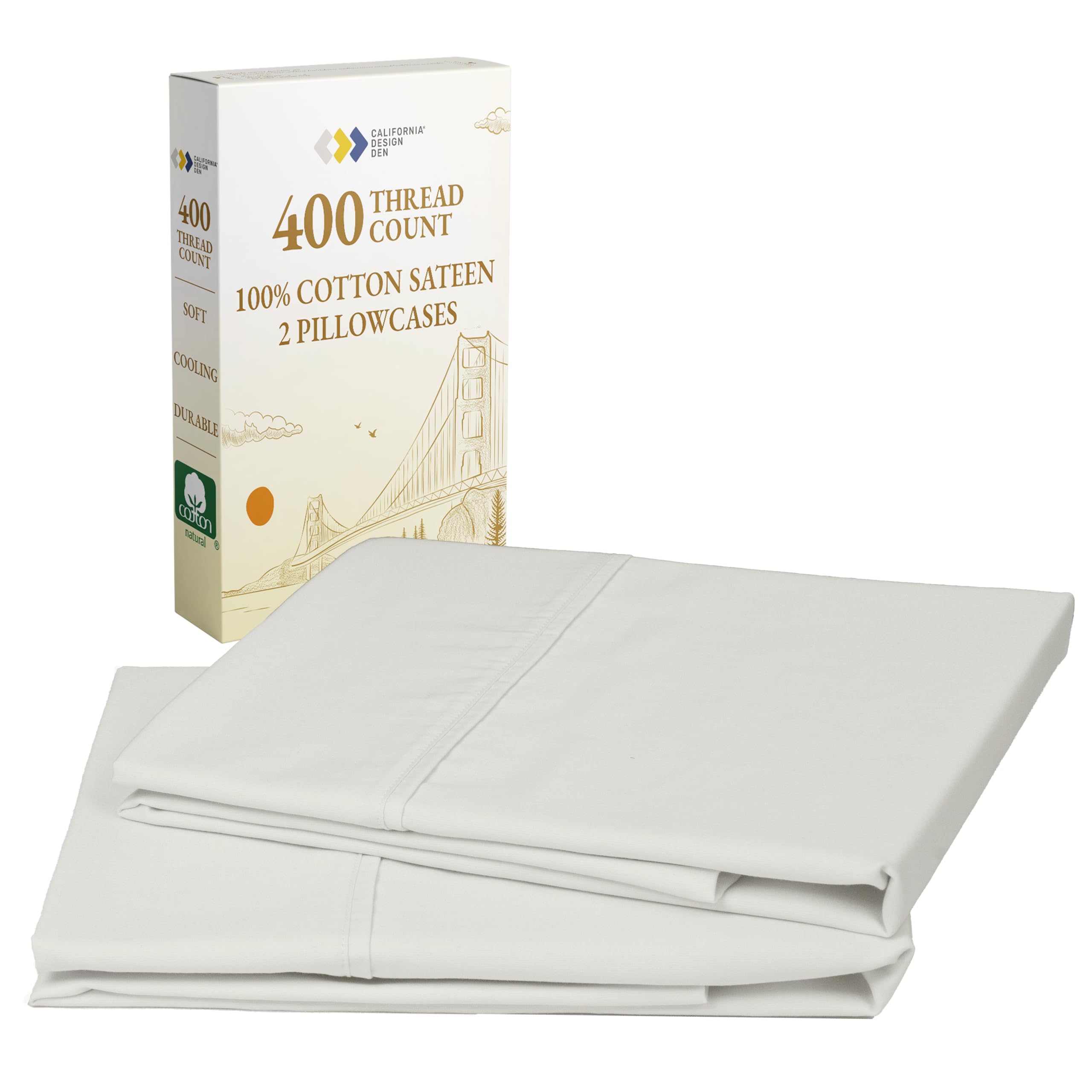 Photo 1 of California Design Den Standard Queen Size Pillowcase Set - 400 Thread Count, 100% Cotton Sateen, Set of 2 Pillow Covers, Soft and Breathable - Ivory (Pale Tone)