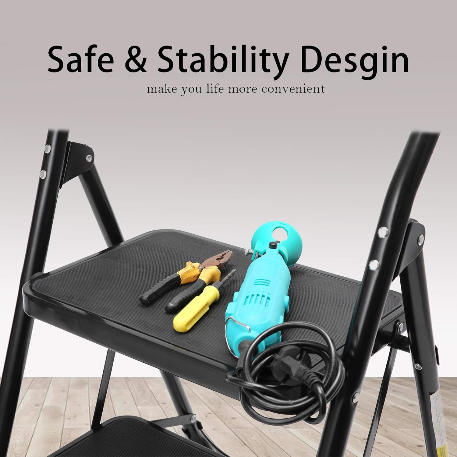 ZEAK 2-Step Pedal Ladder Anti-Slip Folding Mental Stool, Non-Slip Handgrip with 330lbs Load Capacity Black: Home Improvement