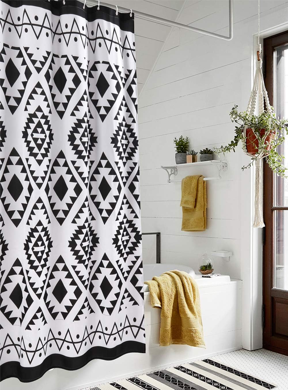 HAOCOO Boho Shower Curtain Black and White Fabric Shower