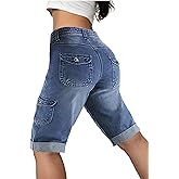 Flamingals Women's Bermuda Denim Straight Leg Shorts with Flap Pockets Mid Waist Casual Shorts Roll Hem