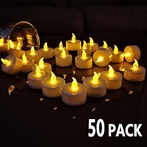 TEECOO Battery Tea Lights Electric Candles Flickering: Realistic Flameless LED Tealights Long Lasting Operated Candles in Yellow 50pcs Decoration for Party and Gifts Ideas