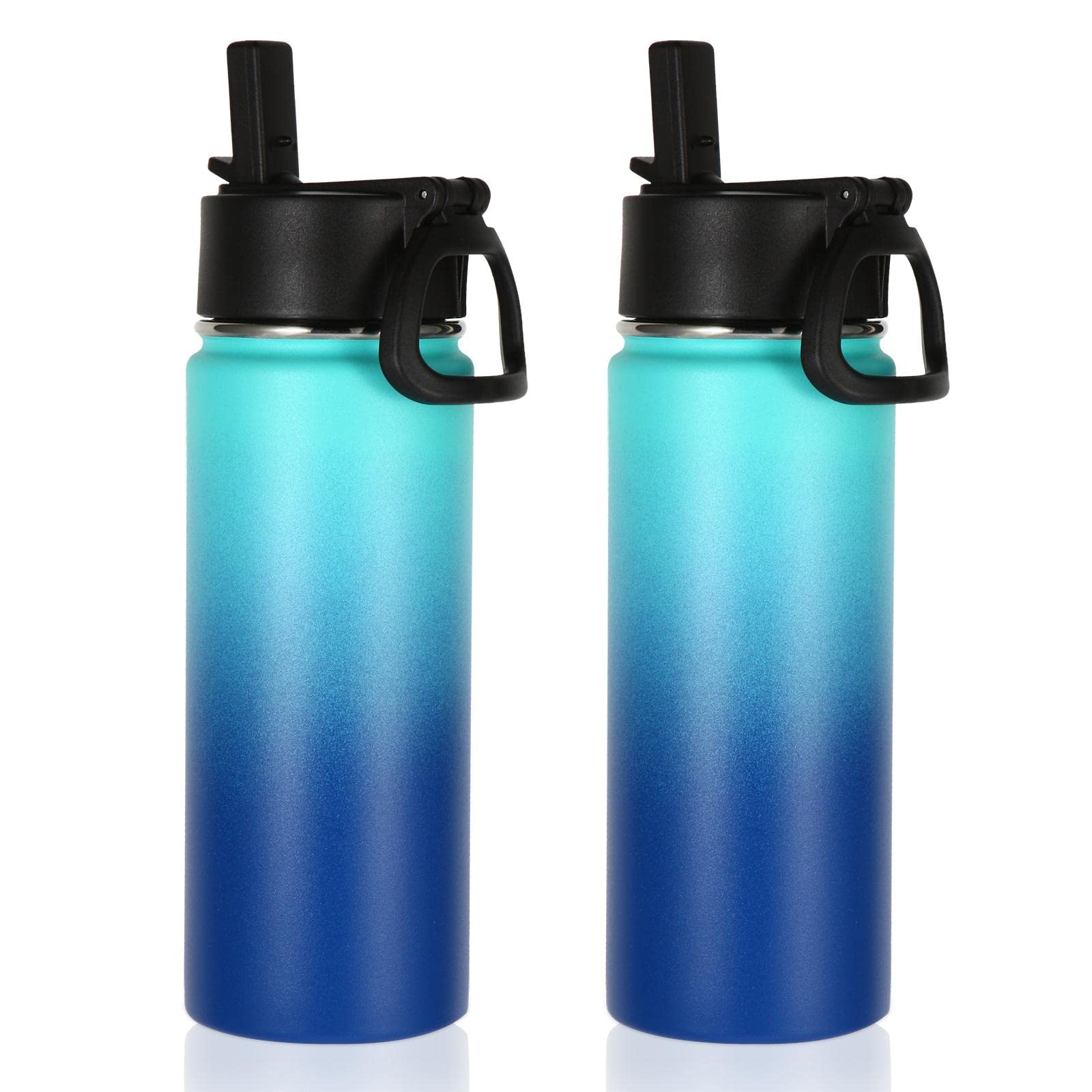 Volhoply 18oz Insulated Water Bottle 2 Pack, Multipack Kids Stainless Steel Water Bottles with Straw Lid,Double Wall Vacuum Sports Flask Keep Hot and Cold (Green Blue,2 Pack)