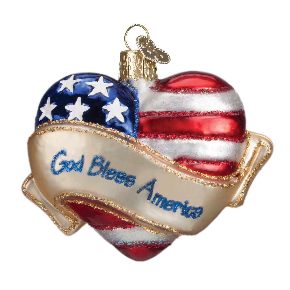 Old World Christmas Assortment Glass Blown Ornaments for Christmas Tree God Bless America Heart, Multi
