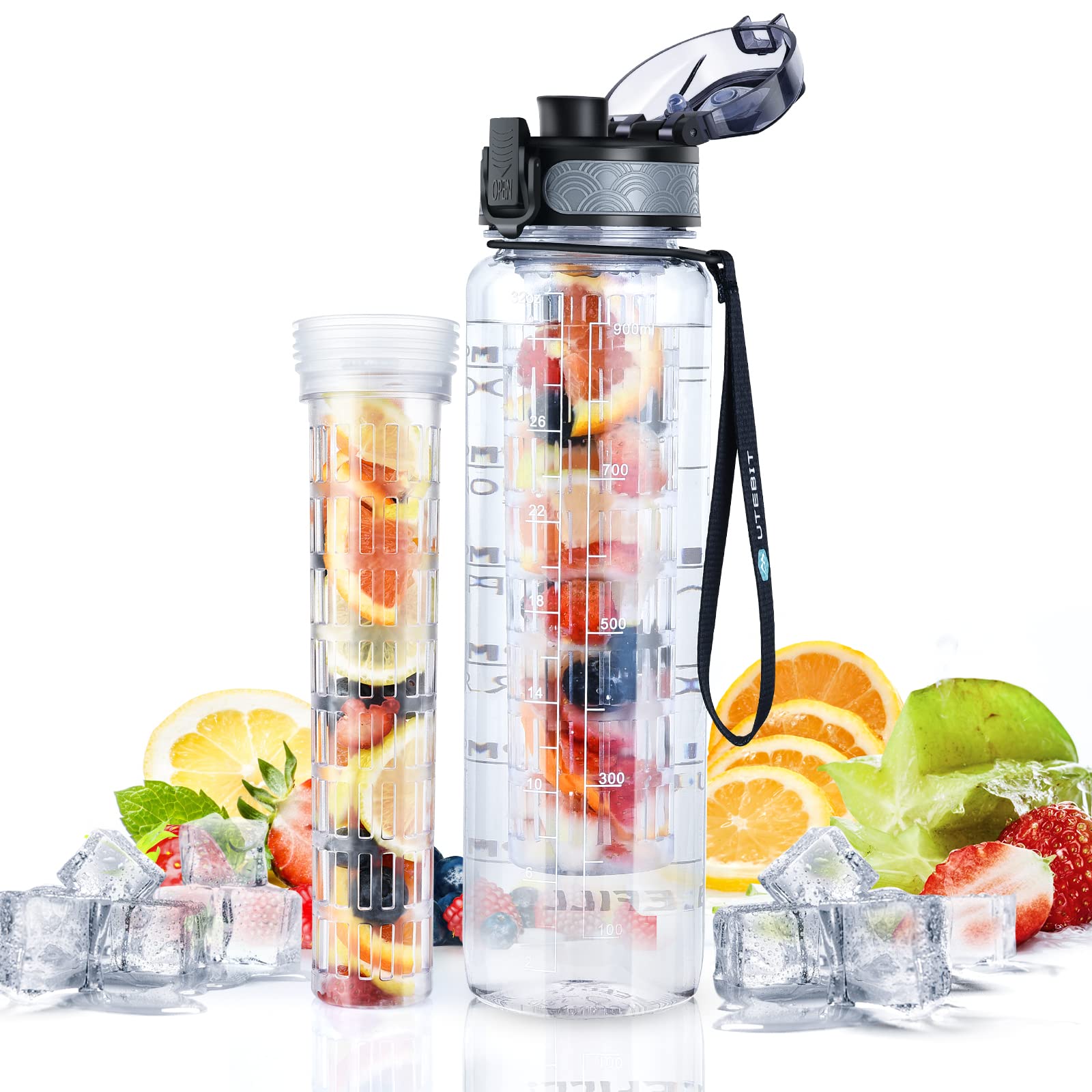 UTEBIT Water Bottle 1L with Fruit Infuser, 1 Litre Sports Water Bottle with Motivational Time Marker, Dishwasher Safe Leak-proof Bottle BPA Free Tritan for Outdoors, Camping, Gym, School, Office — image 1