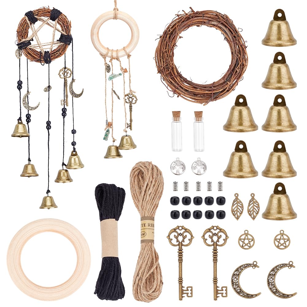 AHANDMAKER Witch Bells for Door Knob, Witch Wind Chimes Wreath Hanging Bell Witch Bells DIY Kit, Magic Wind Chimes for Protection, Witch Stuff Wicca Supplies Witchcraft Decor for Home Garden Bedroom