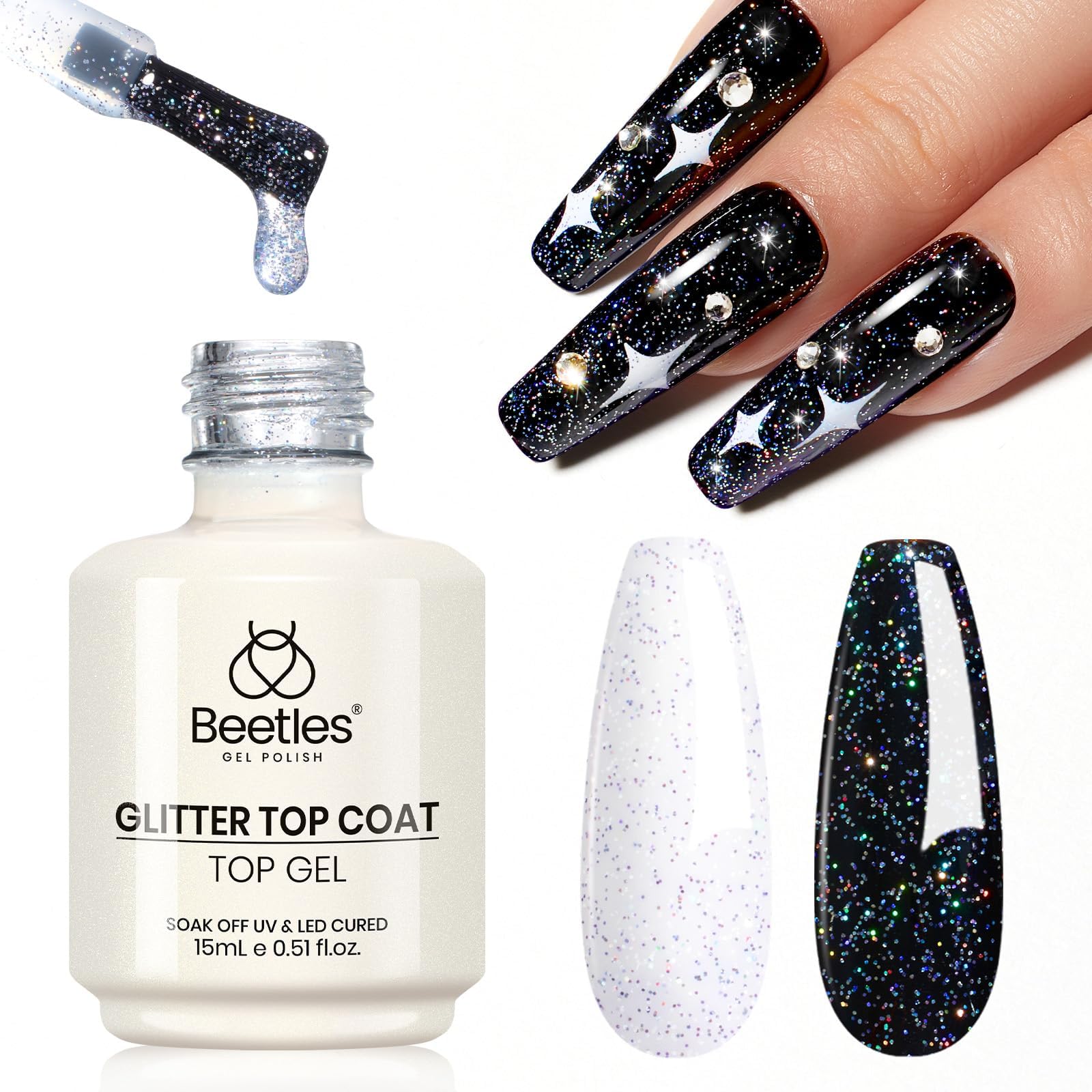Beetles Gel Nail Polish 15ML Holographic Glitter Top Coat Silver Mix Glossy Shiny No Wipe Uv Gel Top Coat Polish Nail Decoration Sparkle Manicure DIY Home Salon