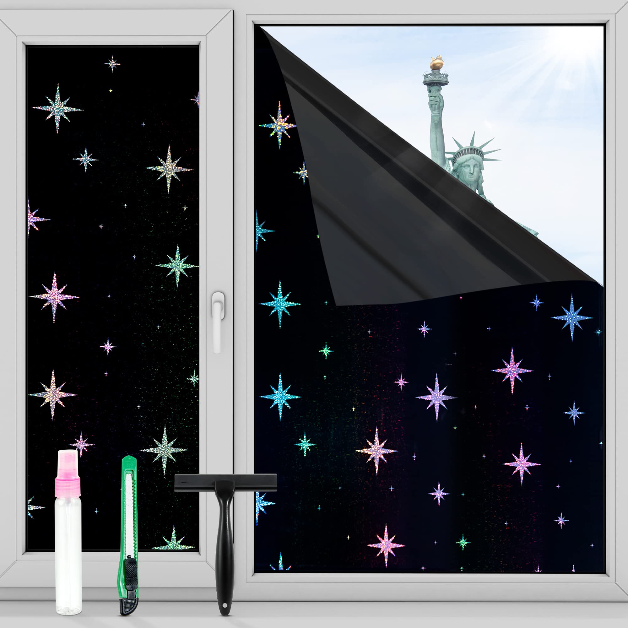 Photo 1 of FuFin Total Blackout Window Film with Free Installation Tools, Explosion-Proof PET Material, 100% UV and Light Blocking, Rainbow Star Laser Room Darkening Window Film (Black Star 23.6"×196.9")