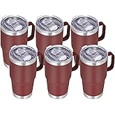 VEGOND 20 oz Tumbler Bulk with Handle Lid and Straw, Stainless Steel Insulated Travel Coffee Mug Set, Spill Proof Double Wall Metal Tumblers Cups, Wine Red 6 Pack
