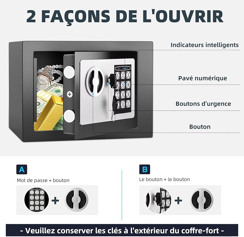 Petit Coffre Fort à Code | Coffre Fort en Acier avec Serrure Électronique à Code de Chiffres | 2 Clés et Code pour Ranger l'argent, Bijoux & Objets de Valeur | 17x23x17cm | Noir