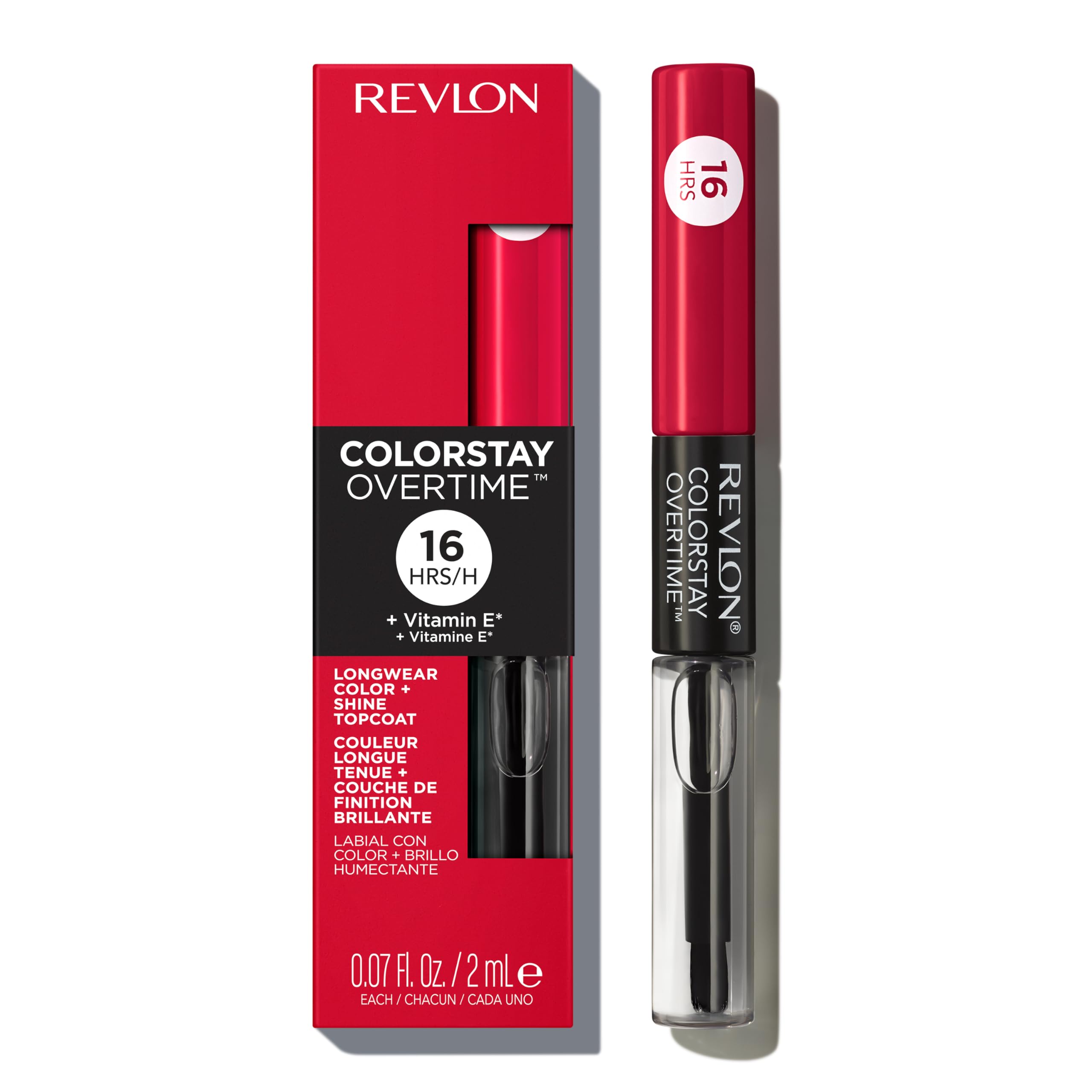 Revlon Liquid Lipstick with Clear Lip Gloss, ColorStay Overtime Lipcolor, Dual Ended with Vitamin E, 040 Forever Scarlet, 0.07 Fl Oz