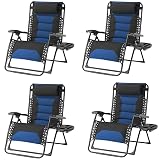 Foristrail Zero Gravity Chair Set of 4 Oversized Folding Recliner, Padded Anti Gravity Lounge Chair with Adjustable Pillow & Cup Holder for Outdoor Camping, Patio, Poolside, Lawn (Black & Blue)