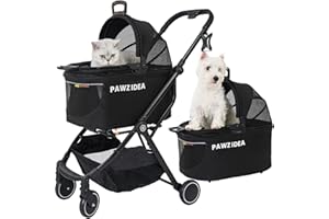 PAWZIDEA Pet Stroller 4 in 1, Cat/Dog Strollers for Small Medium Dogs, Detachable Travel Carrier w/Easy-Lock NO-Zip Canopy, Seatbelt Puppy Booster Car Seat Combo, Cat House, Lightweight Cage Jogger