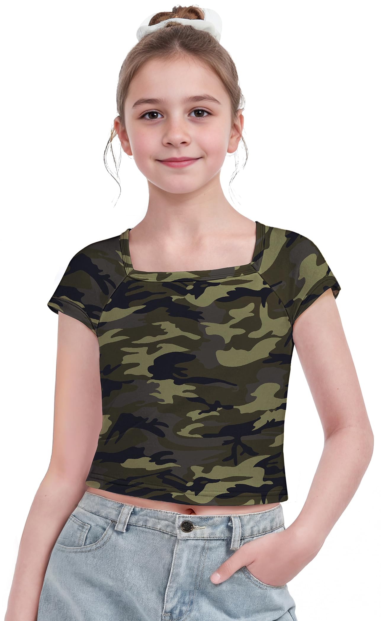 Photo 1 of Arshiner Camo Girls Shirts Square Neck Short Sleeves Girls Camo Clothes Fashion Crop Tops for Kids Size 9-10 Years Old