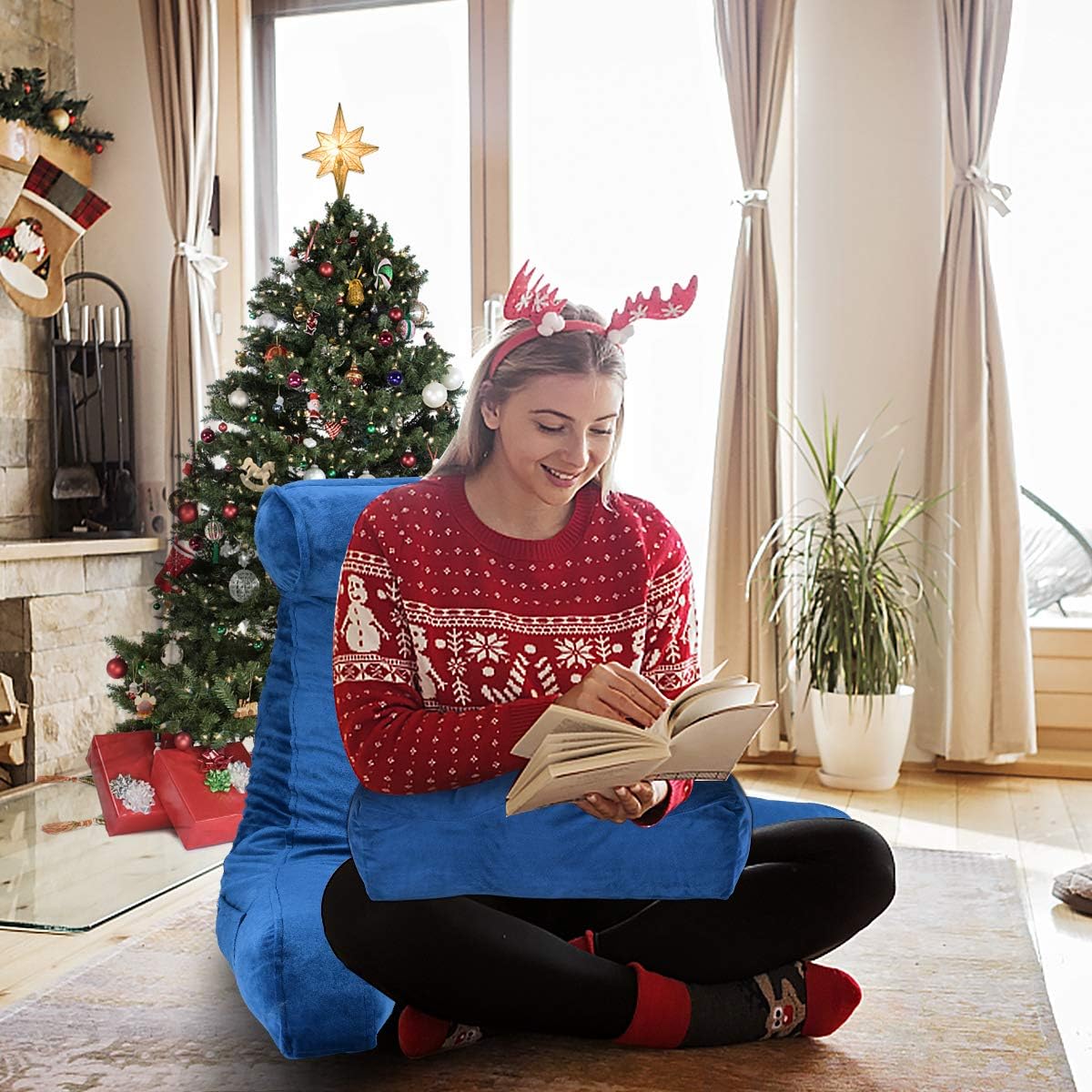 ACWARM HOME Reading Pillow, Bed Rest Pillow with Shredded Memory Foam, Support Arms, Headrest, Leg Pillow - Perfect Back Support for Reading, Relaxing for Kids & Adults (Blue): Kitchen & Dining