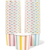 Paper Ice Cream Cups, 50-Count 11-Oz Disposable Dessert, Snack Bowls for Hot or Cold Food, 11-Ounce Party Supplies Treat Cups for Sundae, Frozen Yogurt, Soup, Pastel Stripes