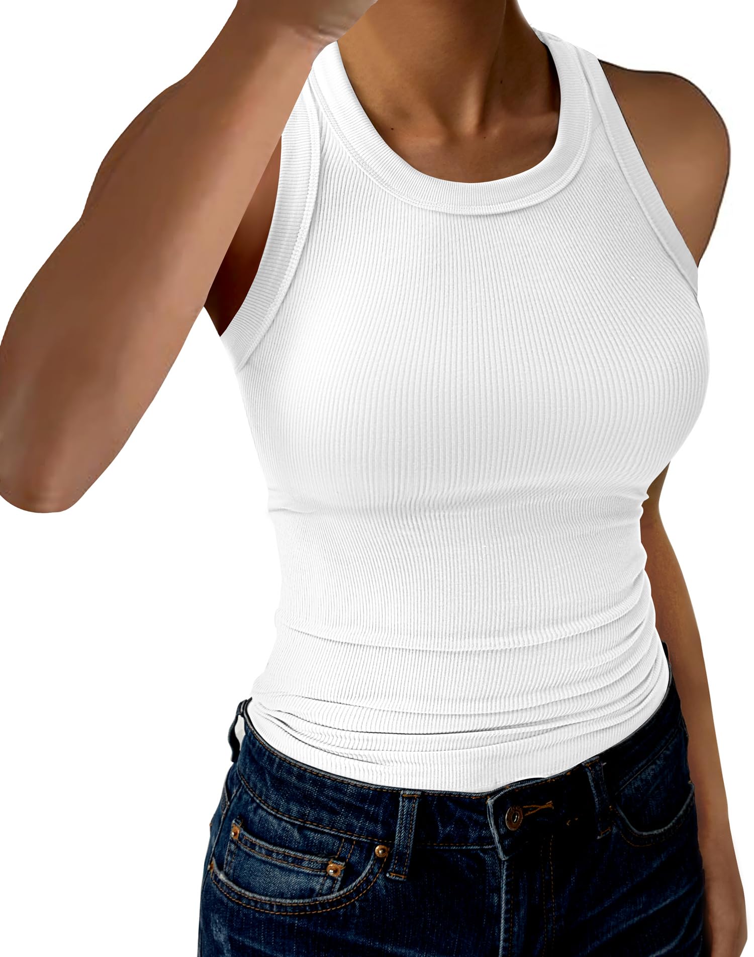 Photo 1 of GKBK Womens Tank Tops High Neck Sleeveless Ribbed Tank Casual Basic Thick Strap Slim Fitted Racerback Shirts Solid- White