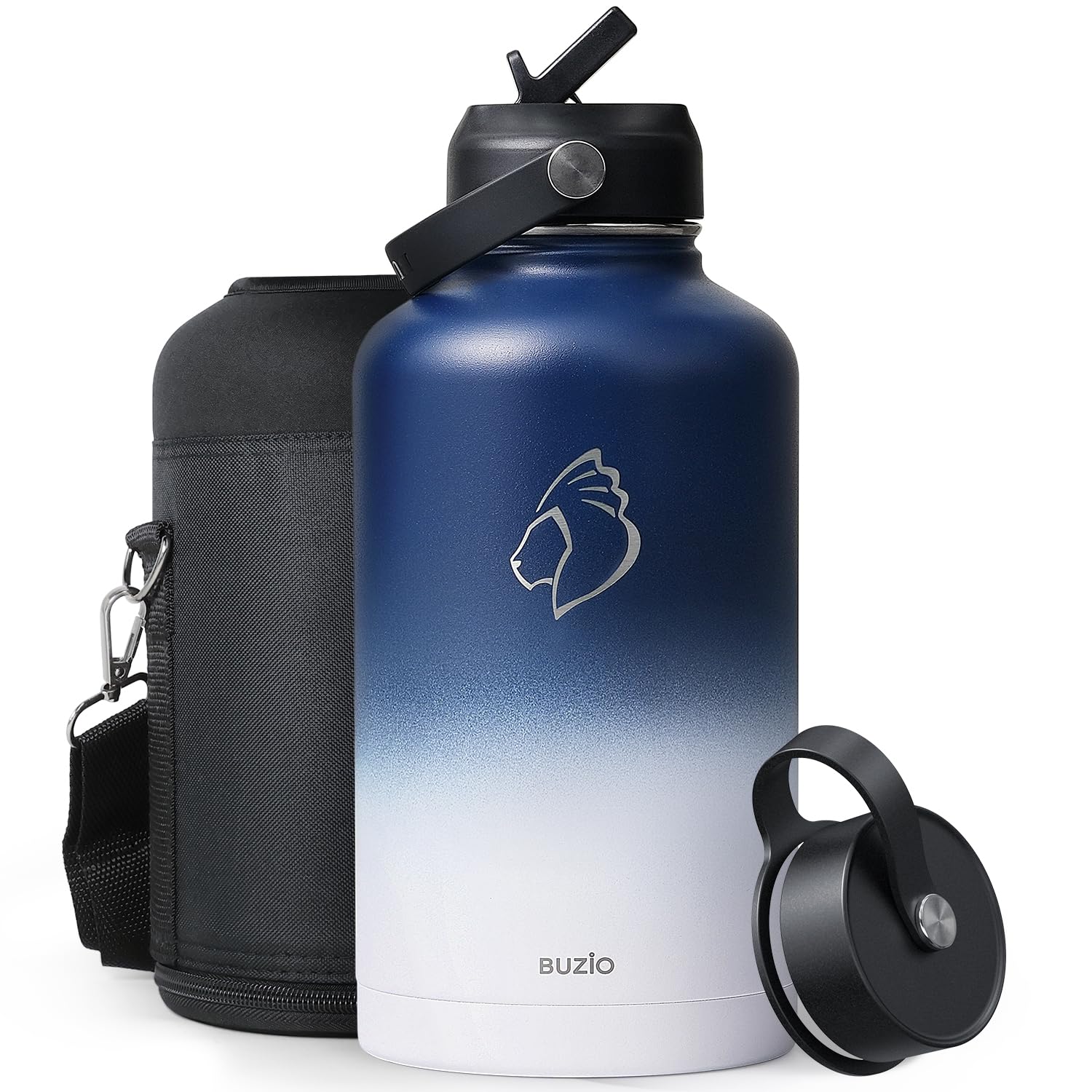 Insulated Water Bottle 2L, BUZIO Vacuum Stainless Steel Water Bottle with Straw Lid and Flex Cap Cold for 48 Hrs, Hot for 24 Hrs Double Wall Wide Mouth BPA Free Leak Proof, Blue&White — image 1