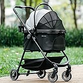 Pawccoli Pet Stroller for Small Dogs and Cats, One-Click Foldable Dog Stroller with Detachable Carrier & 3 Safety Tethers, Holds up to 33 lbs, Storage Basket & Cup Holder, Breathable Mesh, Black