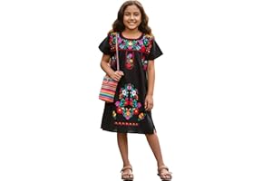 YZXDORWJ Girl Mexican Embroidered Dress Traditional Floral Short Sleeve