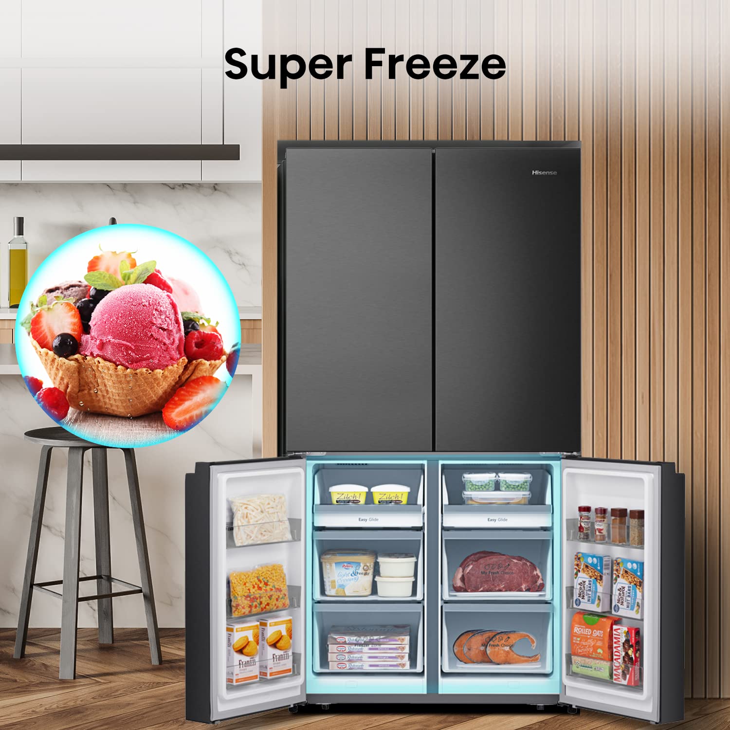 Hisense RQ758N4SAFE Cross Door Kühl-Gefrierkombination/NoFrostPlus/Inverter-Kompressor/Multiflow 360°/ SuperCool/ 178,5 cm/Kühlteil 393 l/Gefrierteil 216 l/ 40 dB/ 320 kWh/Jahr/schwarz 6