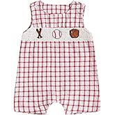 Chloefairy Newborn Baby Boy Girl Baseball Outfit Sleeveless Overalls Romper Smocked Baseball Bubble Summer Plaid Bodysuit