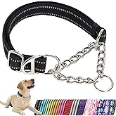 Martingale Collar for Dogs with Chain,Heavy Duty Dog Collar for Medium Dogs | Black,Nylon Comfort Soft Pad,D-Rings,Adjustable Training Reflective Dog Collars,Metal Steel Choke Chain For Large dogs
