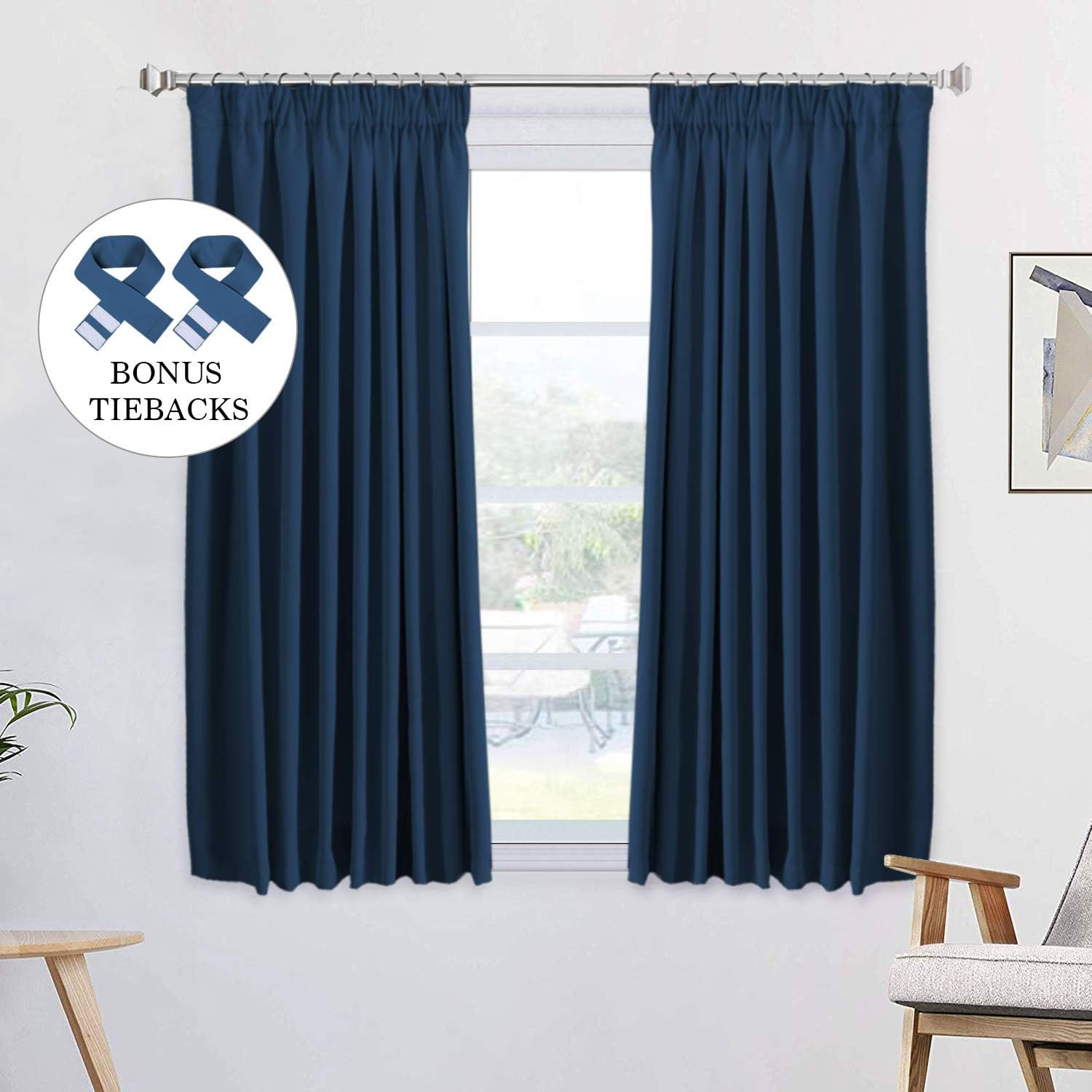 H.Versailtex Solid Navy Blackout Thermal Insulated Pencil Pleat Curtains for Living Room/Bedroom
