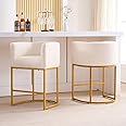 ClinQ 26" H Counter Height Bar Stools Set of 2, Modern Barrel Counter Stools with Backrest and Arms, Gold Metal Frames,Fabric Upholstered Accent Barstools for Kitchen Island, Beige Linen
