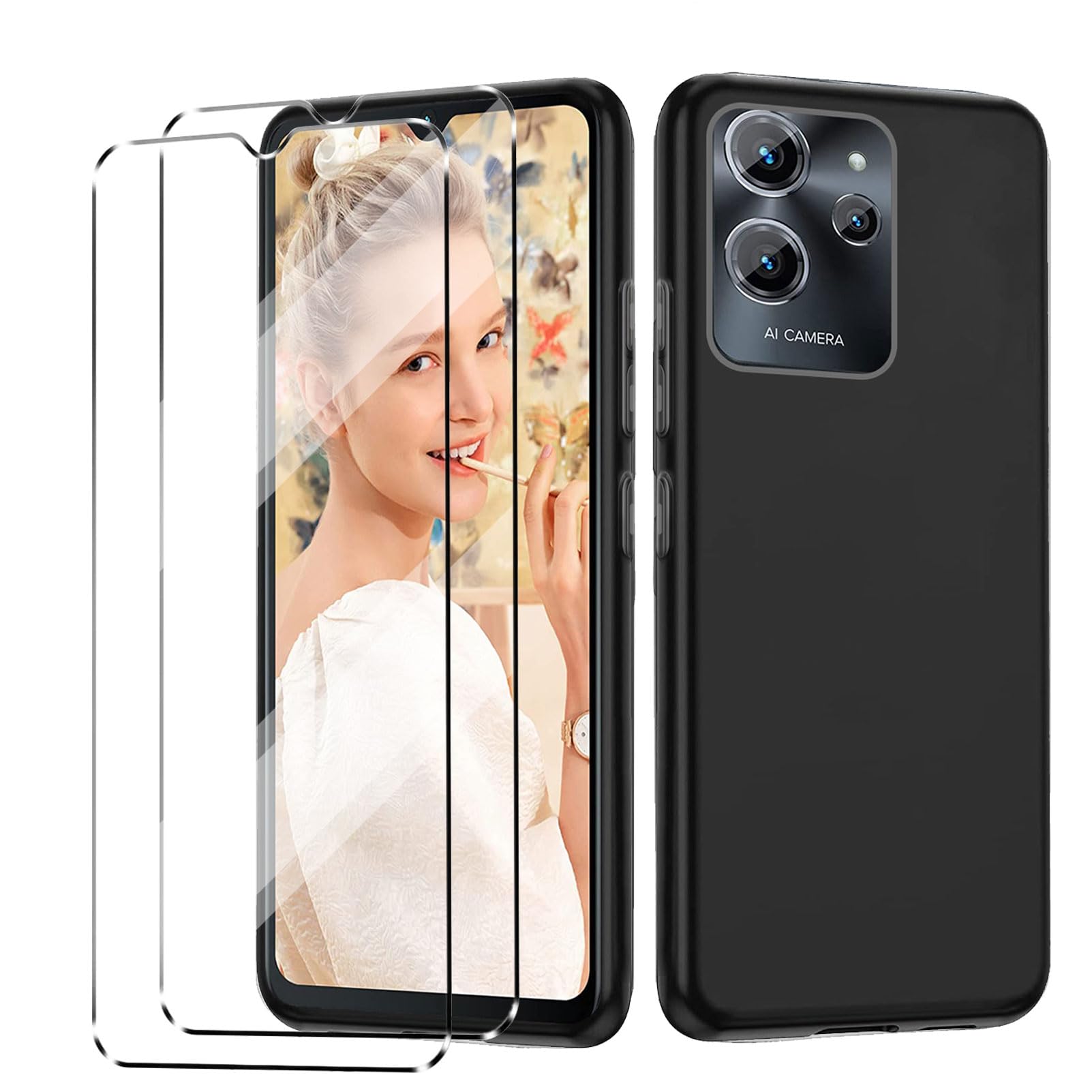 [3 in 1] Case Compatible with Oukitel C32 Pro/Oukitel C32 Cover with 2 Pack Tempered Glass Screen Protector for Oukitel C32 Pro/C32, Slim Fit Soft TPU Shockproof Anti-Scratch Phone Case Cover - Navy