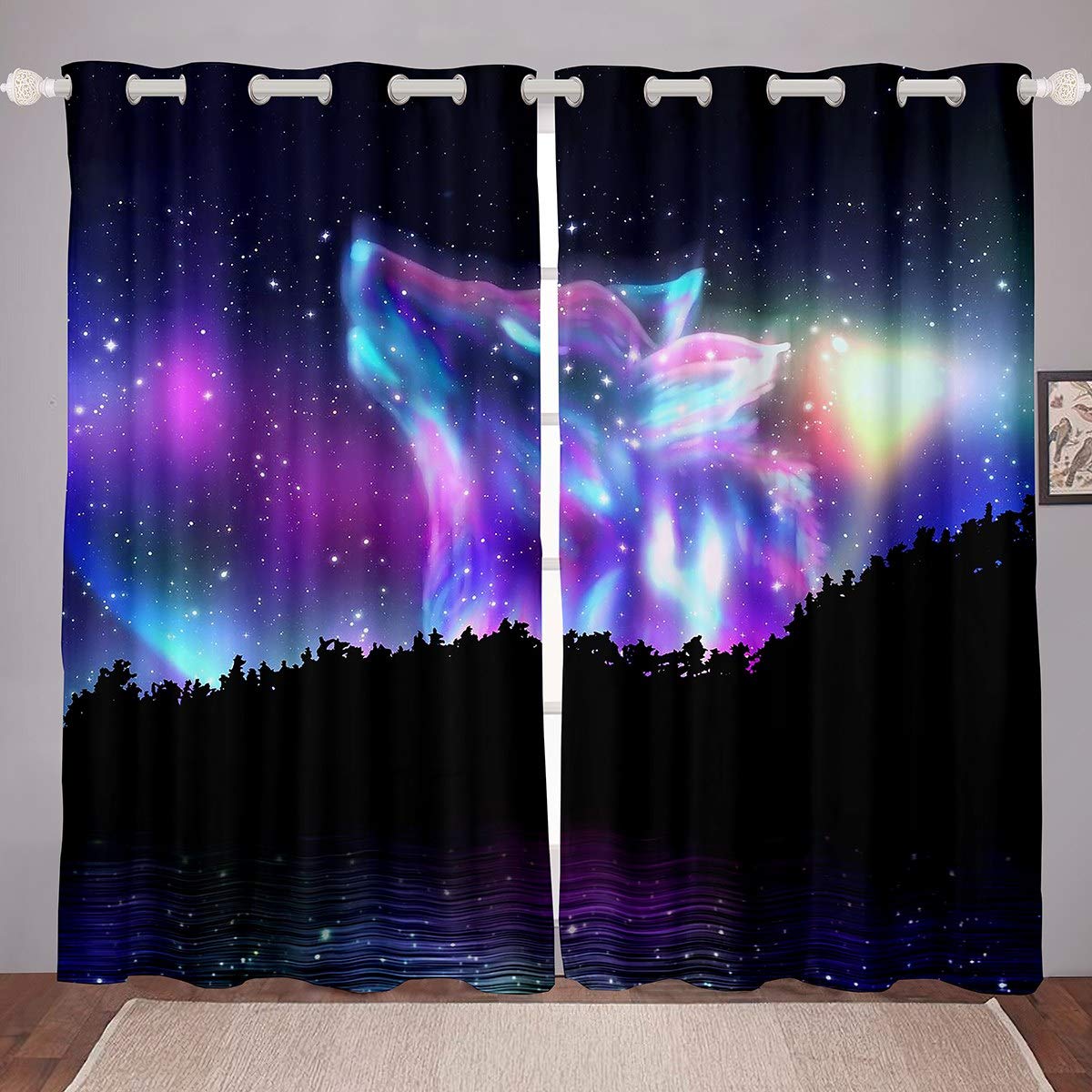 Loussiesd Northern Light Curtain Colorful Galaxy Wolf Window Treatments For Kids Children Teens Starry Sky Aurora Window Drapes Howling Wolf Wild Animal Window Curtains Bedroom Decor W46*L54