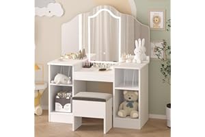 GOFEI Kids Vanity Set with Tri-Fold LED Mirror, 4 Storage Cabinet, and Matching Stool, Wooden Vanity - Dress-Up Makeup Table Set for Little Girls