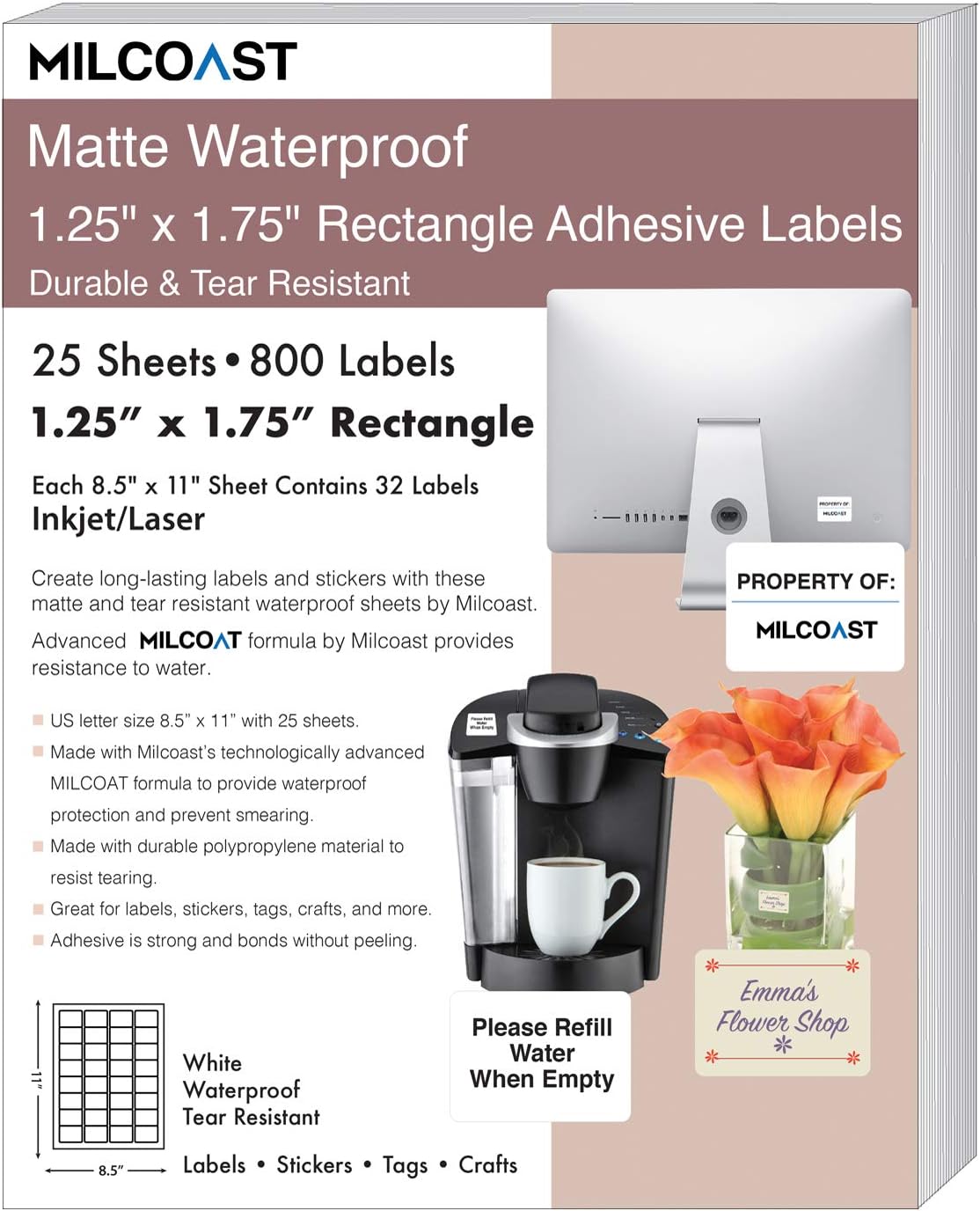 Milcoast Matte Waterproof Tear Resistant White Blank Adhesive 1.25" x 1.75" Rectangle Shaped Labels - Laser/Inkjet Printers - 800 Labels (25 Sheets)