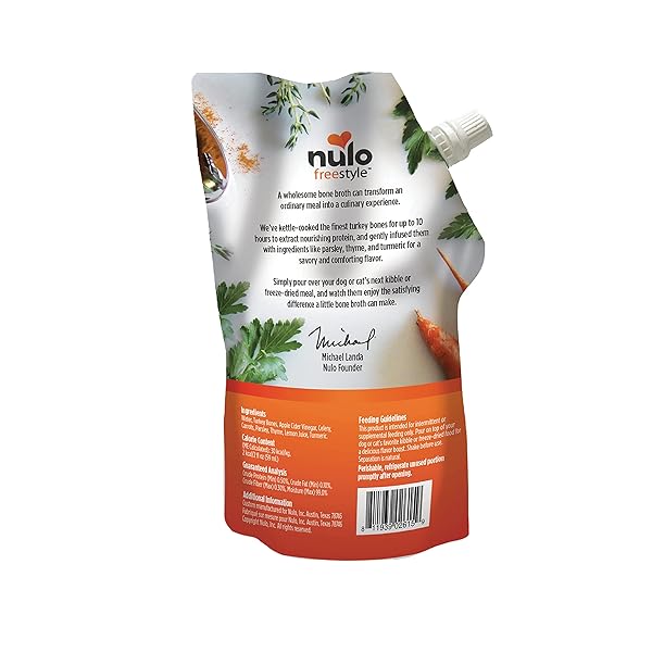 NULO FREESTYLE BONE BROTH, PREMIUM FOOD TOPPER FOR CATS AND DOGS, WITH COLLAGEN AND CHONDROITIN SULFATE TO HELP BOOST THE QUALITY OF YOUR PET’S COAT AND SKIN, 20 FL OZ POUCH