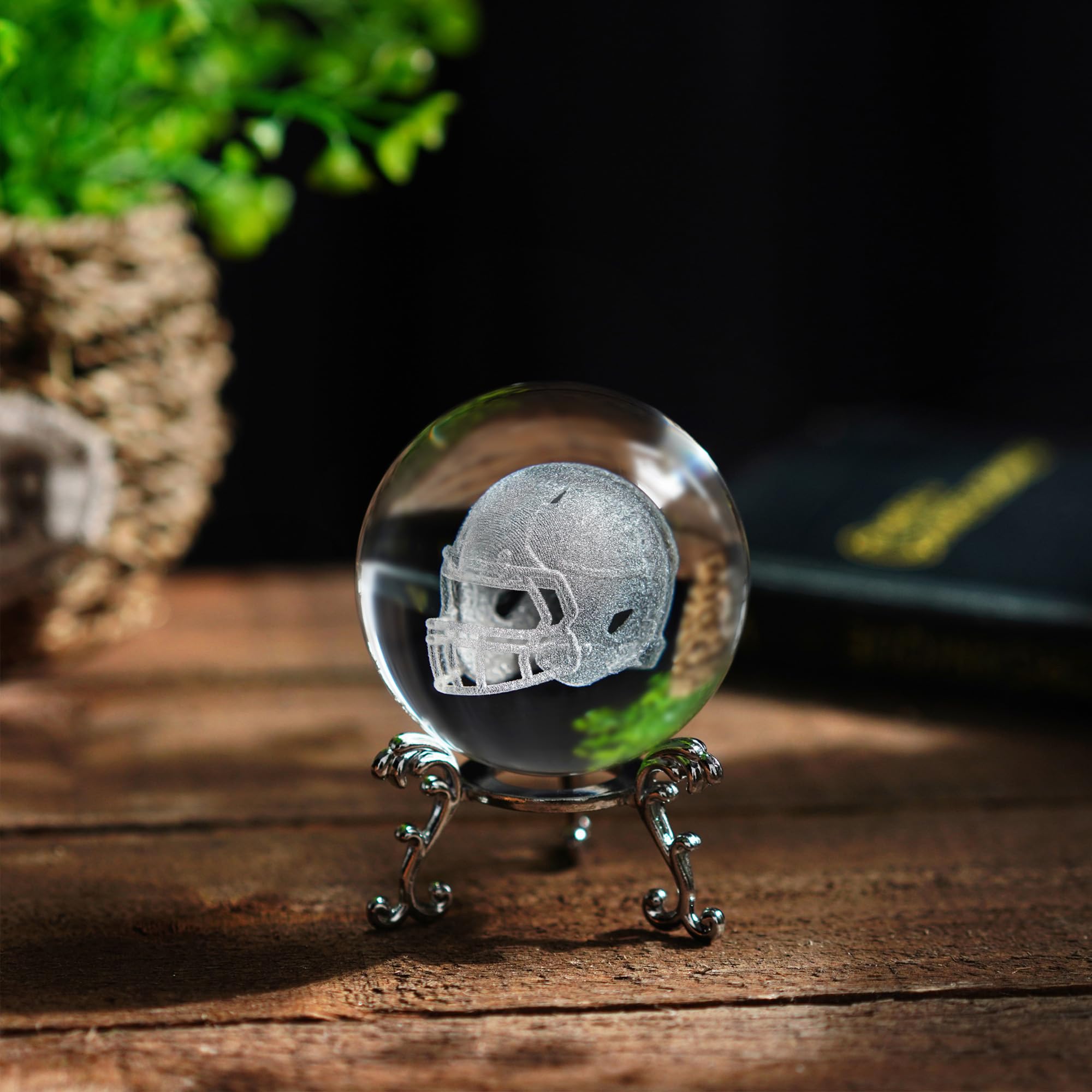 HDCRYSTALGIFTS 3D Laser Engraved Crystal Ball Paperweight with Silver-Plated Flowering Stand Handmade Decorative Ball Glass Full Sphere Home Decor Gift (2.36inch,Rugby Helmet)