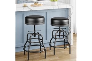 Raynesys Adjustable Height Swivel Bar Stools Set of 2, 22-29 Inch Industrial Vintage Bar Counter Height Stools with Thicken Premium Bonded Leather Seats & Updated Footrests, Easy Assembly, Black